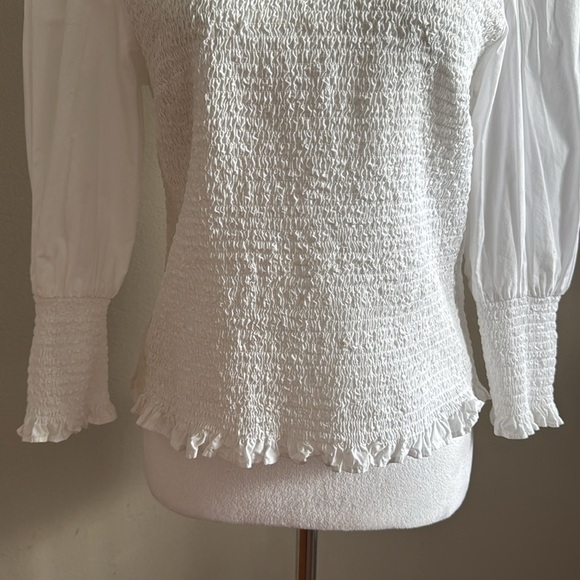 Veronica Beard Kali Smocked White Top Long Puff Sleeve Casual Blouse Size 10 - Picture 7 of 15